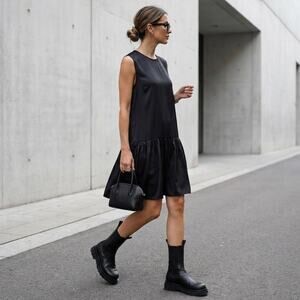 NWT Lanvin Black Satin Sleeveless Round Neck Dress with Ruffles, size EU38/US2